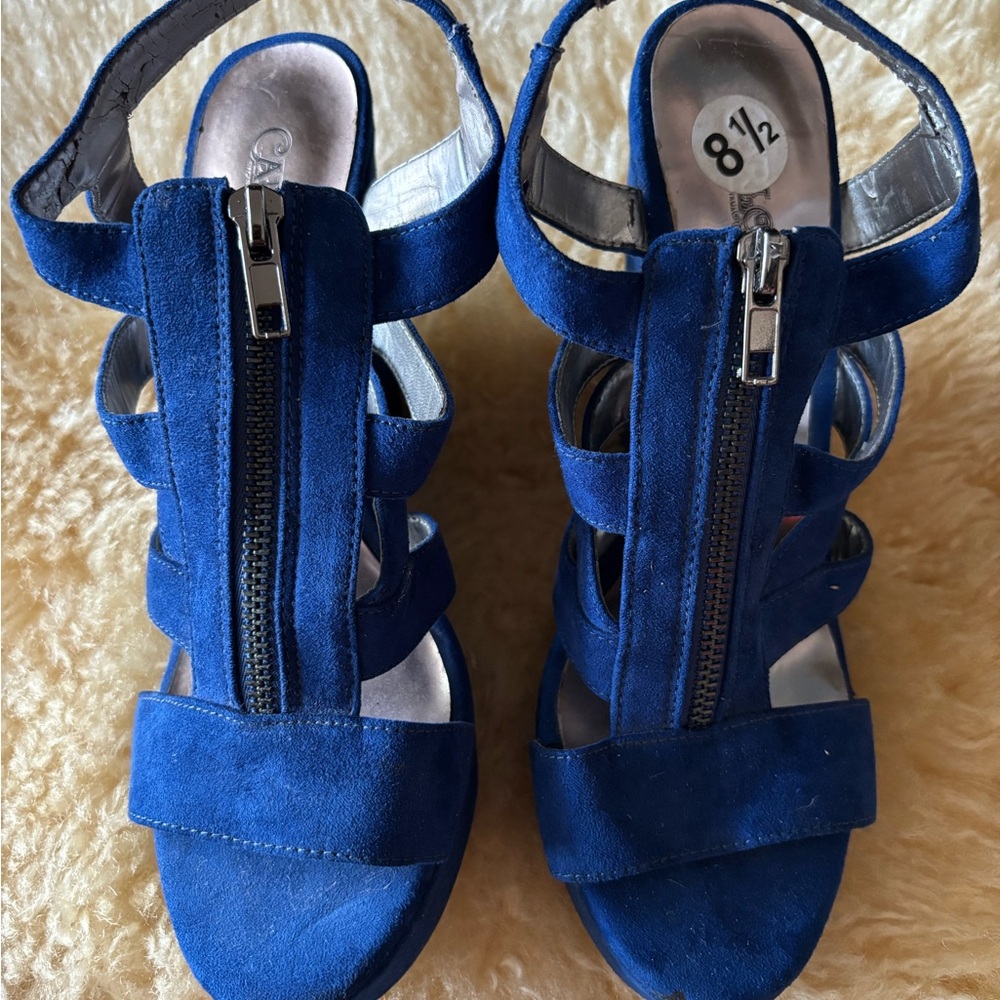 Carlos Santana Royal Blue Suede Front-Zip Heeled Sandals
